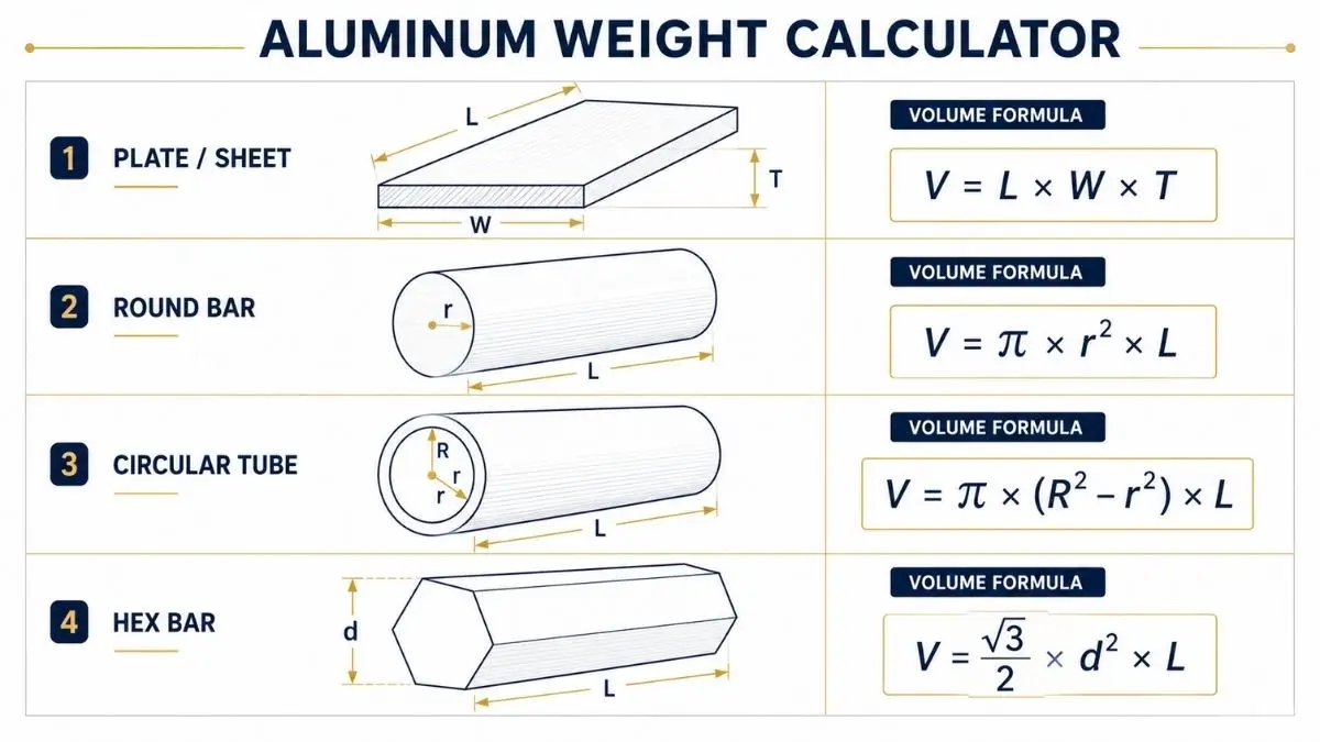 Aluminum volume calculation formulas for different shapes