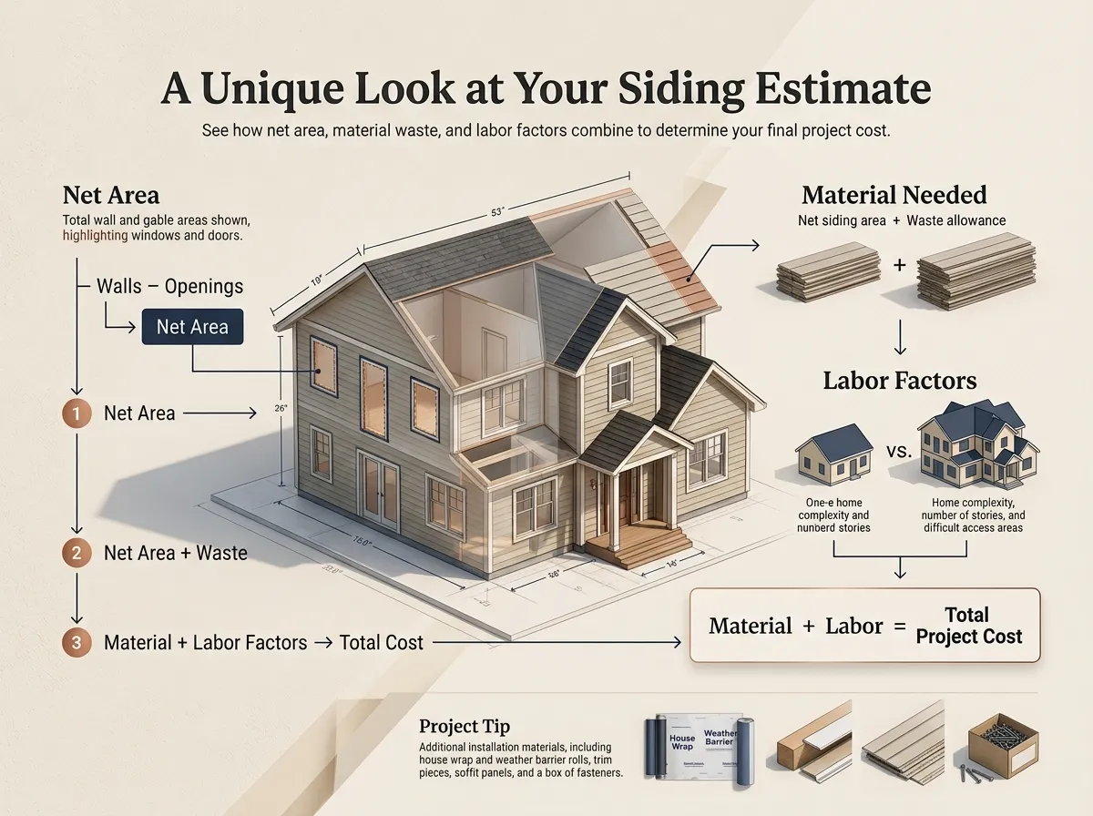 Diagram showing the relationship between wall area, waste, material, and labor cost