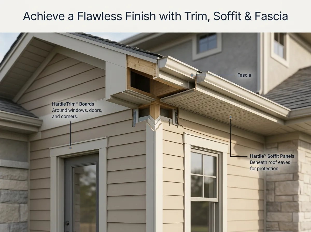 Close-up detail of James Hardie trim, soffit, and fascia installation