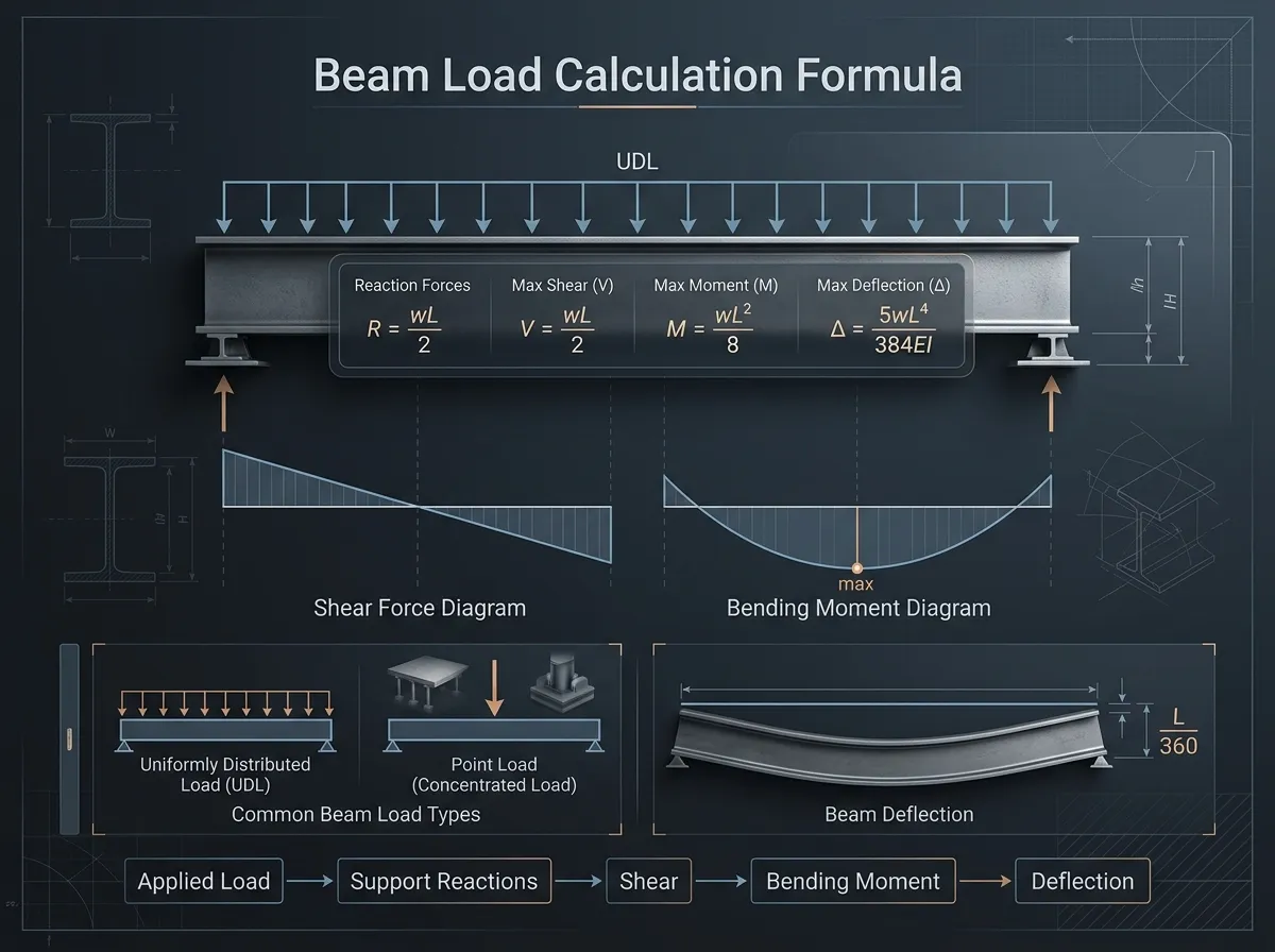 Standard elastic beam theory formulas and equations used in the beam strength calculator