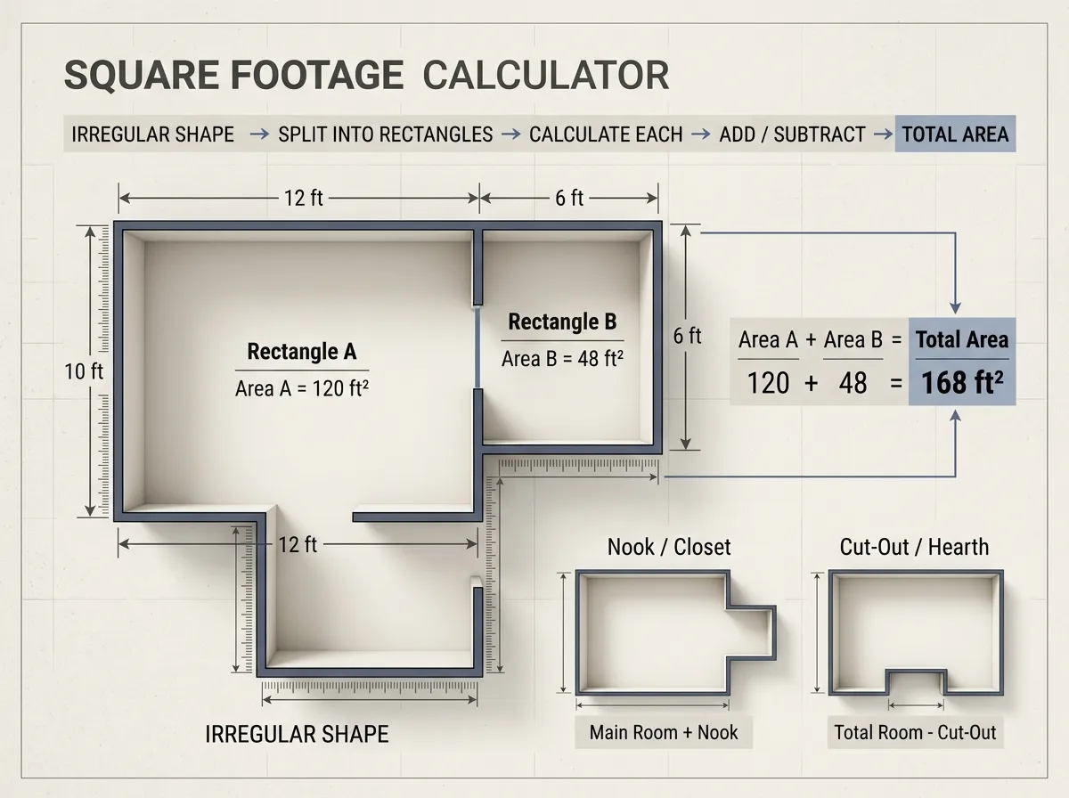 Diagram showing how to split an L-shaped room into two rectangles