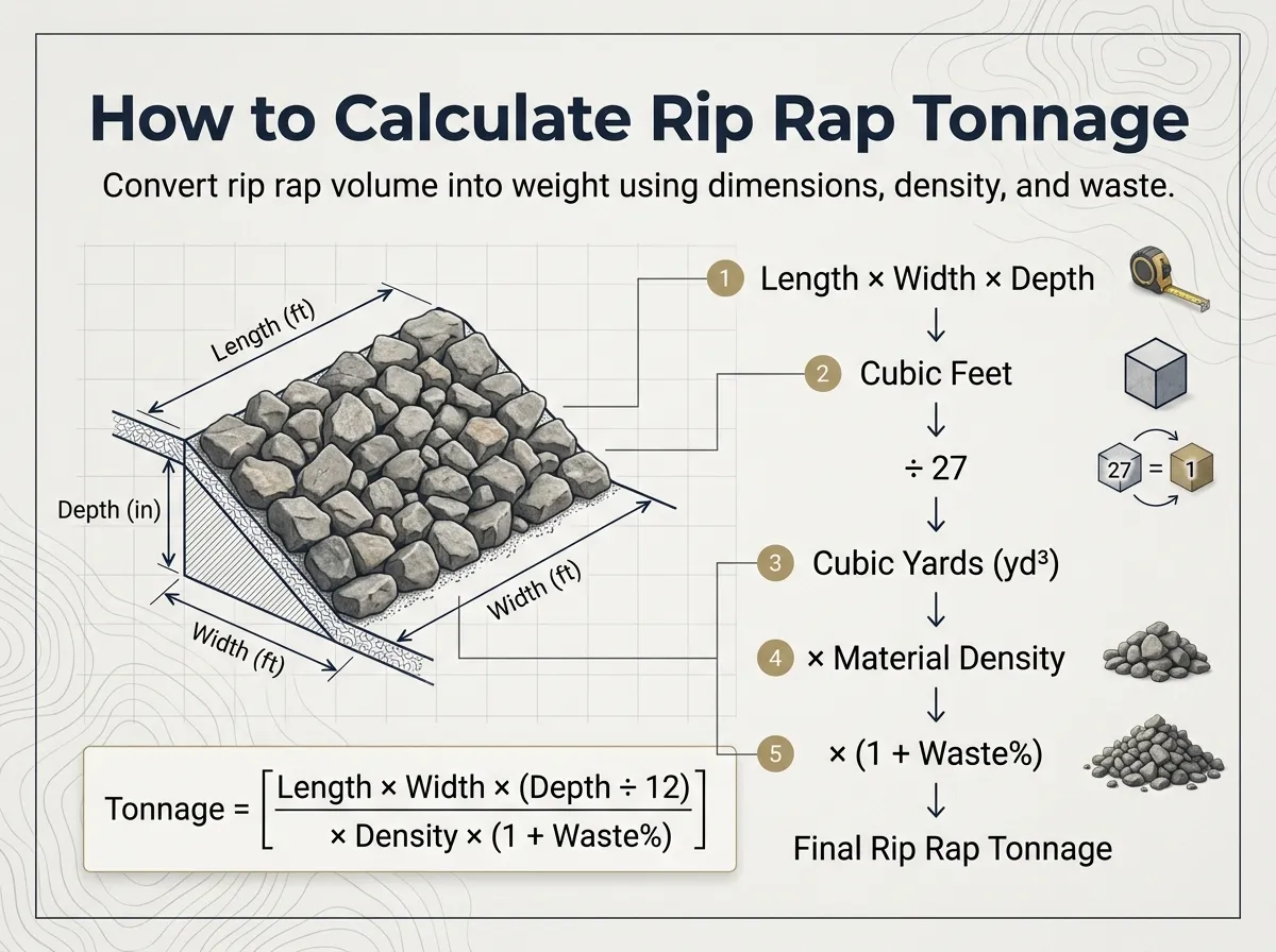 How to Calculate Rip Rap Tonnage - Volumetric and Bulk Density Formula Diagram