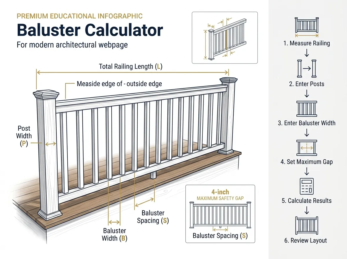 Diagram explaining how to measure and use the baluster spacing calculator