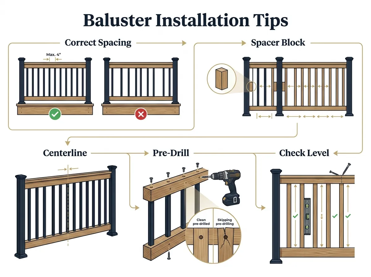 Pro tips for perfect baluster installation showing correct alignment and spacing techniques