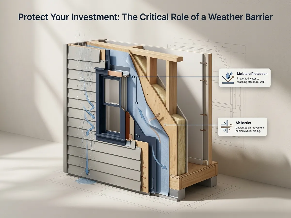 Cross-section diagram showing siding, weather resistive barrier, and wall structure