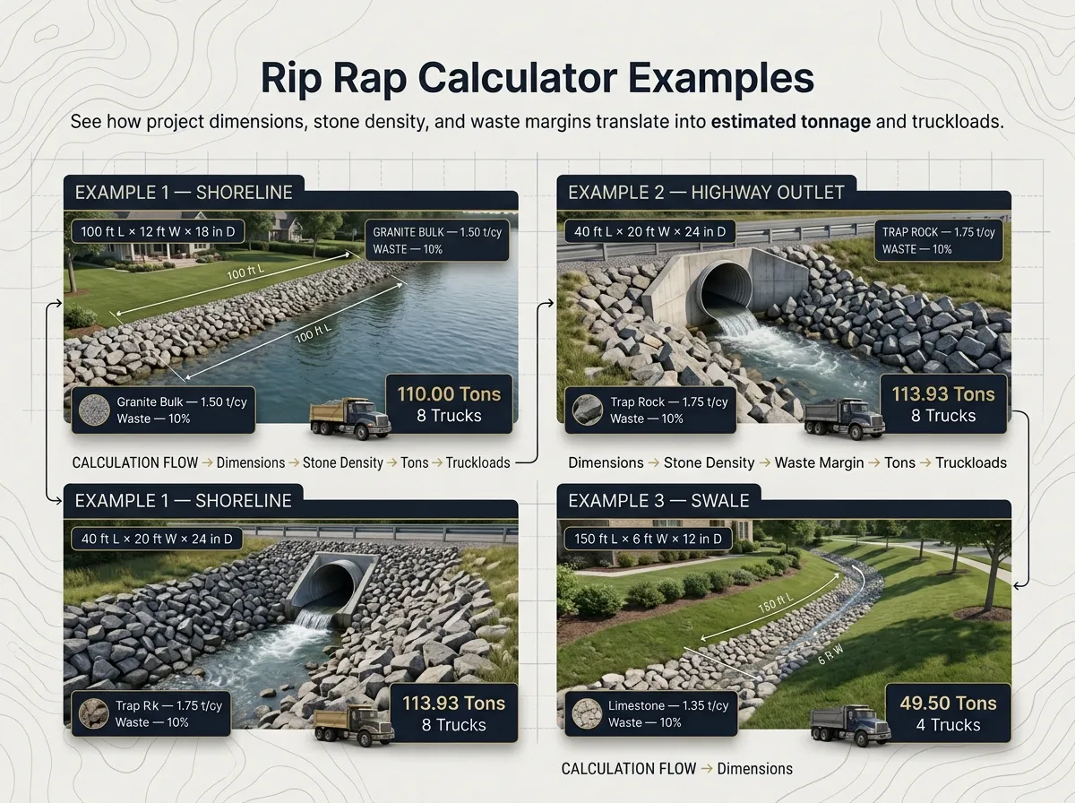 Rip Rap Calculator Examples - Field Estimation Scenarios and Deliveries
