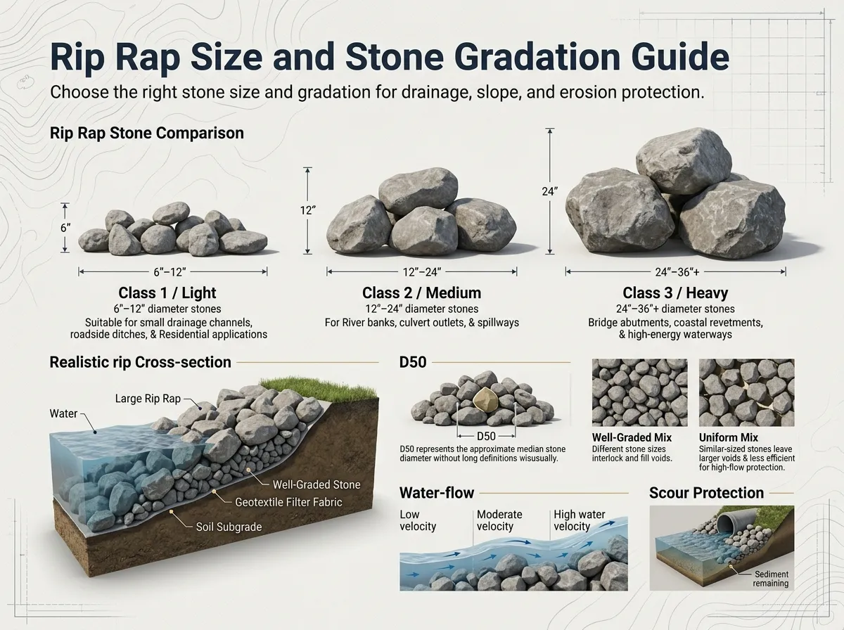 Rip Rap Size and Stone Gradation Guide - D50 Sizing and Class Comparison
