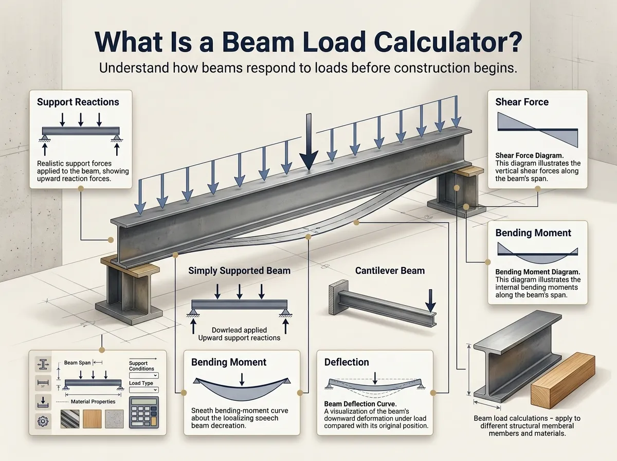 Diagram showing how a load bearing beam calculator analyzes structural forces and bending moments