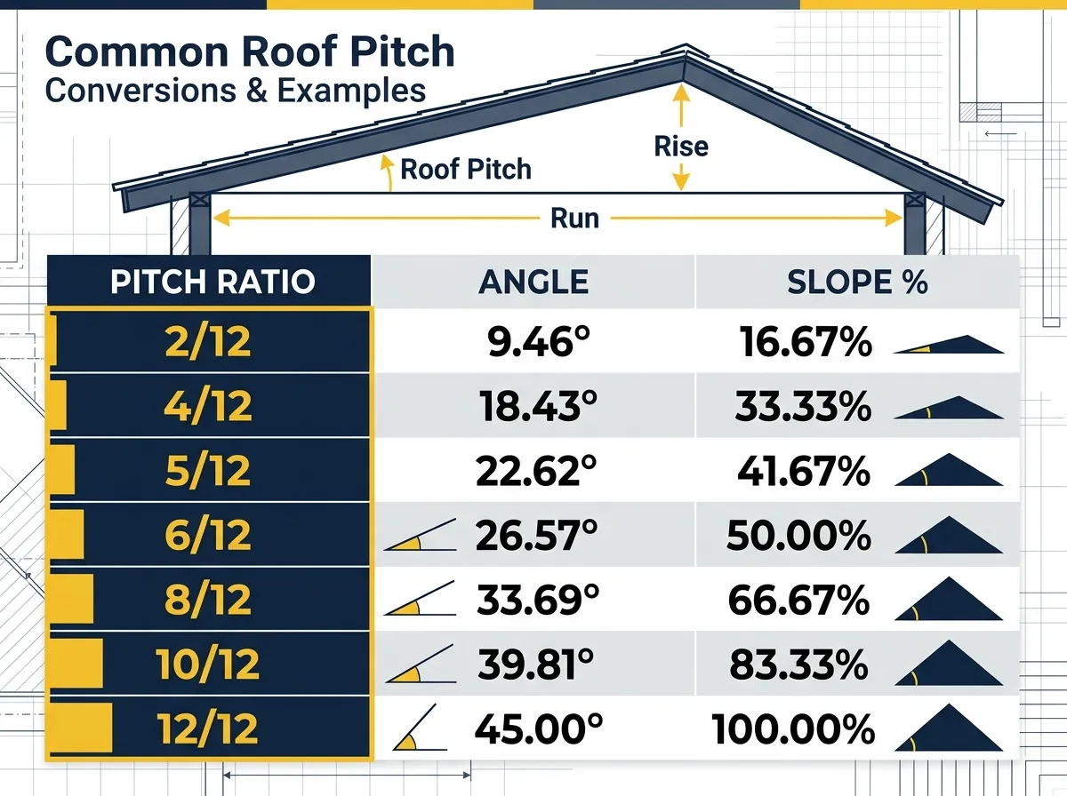 Common roof pitch chart showing pitch ratio, angle, and slope percentage