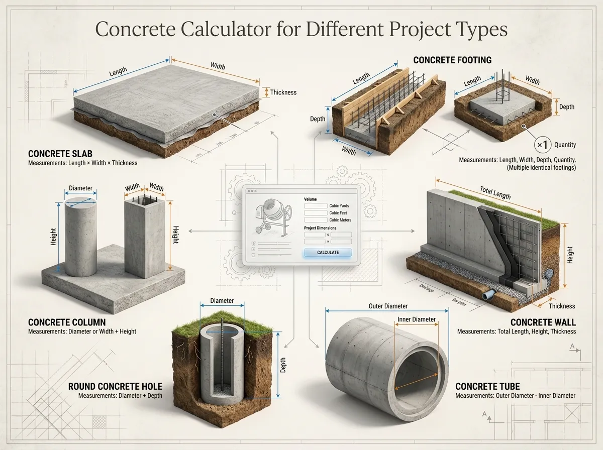 Concrete calculator project types including slabs, footings, columns, walls, holes, tubes, curb and gutter, and stairs