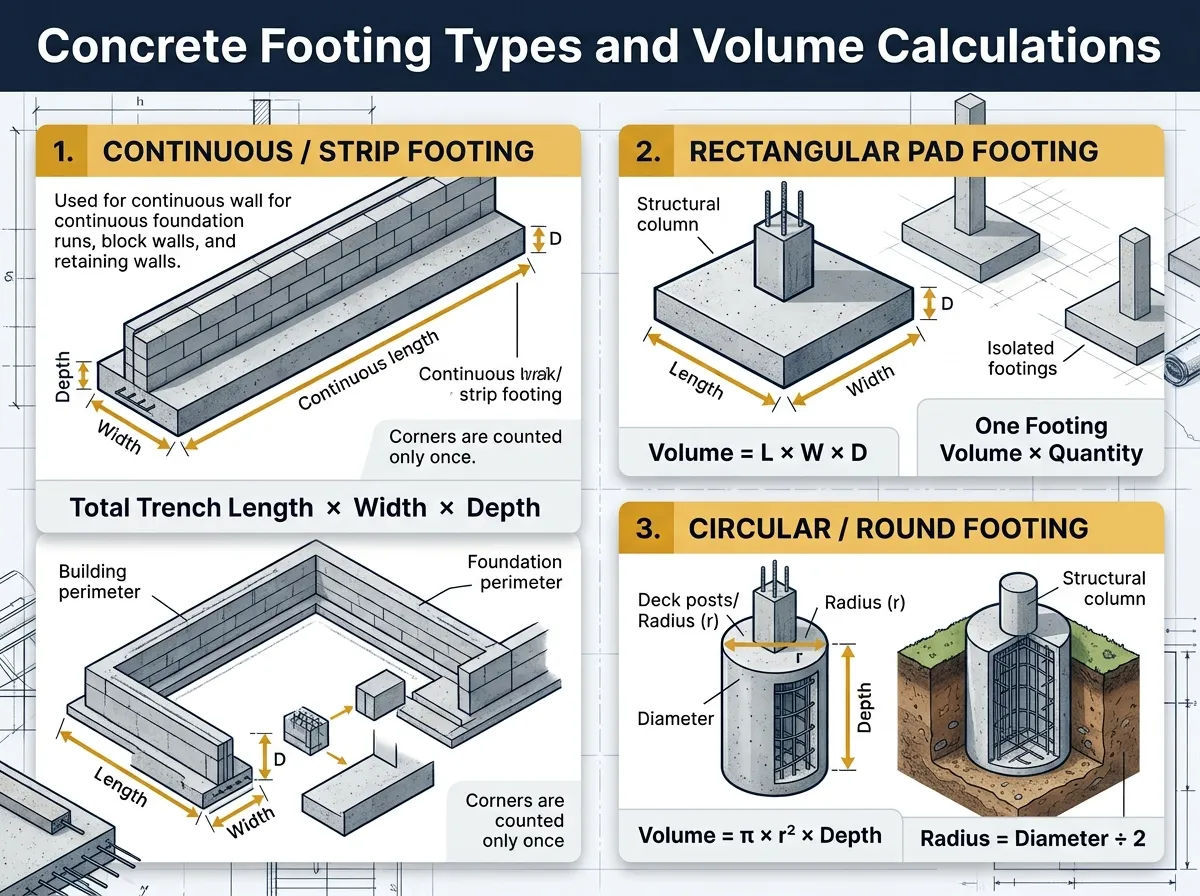 Concrete Footing Types and Volume Calculations
