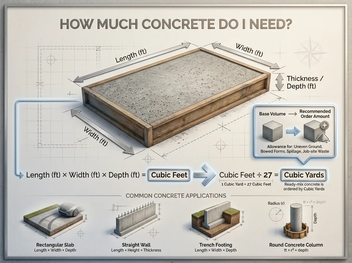 Concrete volume calculation showing length, width, thickness, cubic feet, and cubic yards