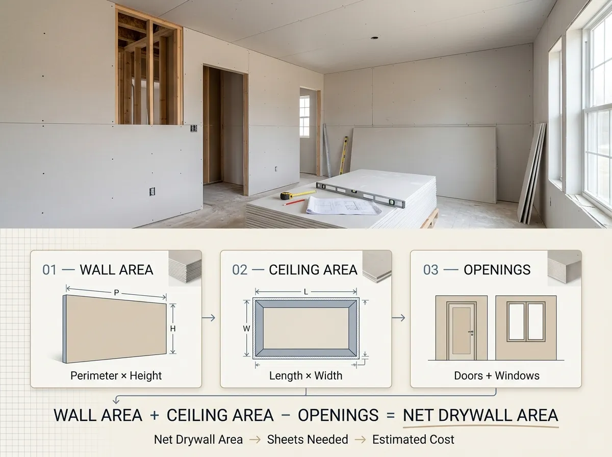 Drywall calculator results showing sheets and estimated cost