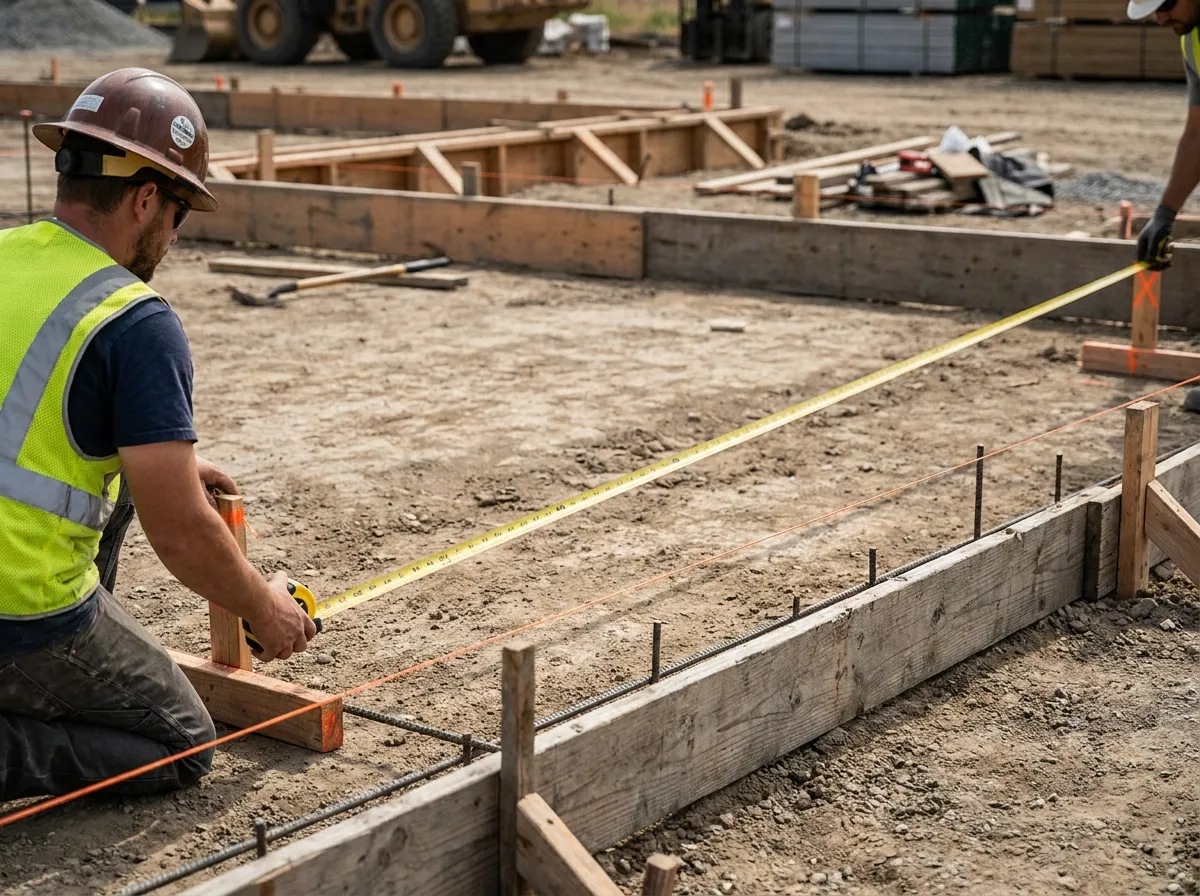 Construction worker measuring diagonals to check if a layout is square