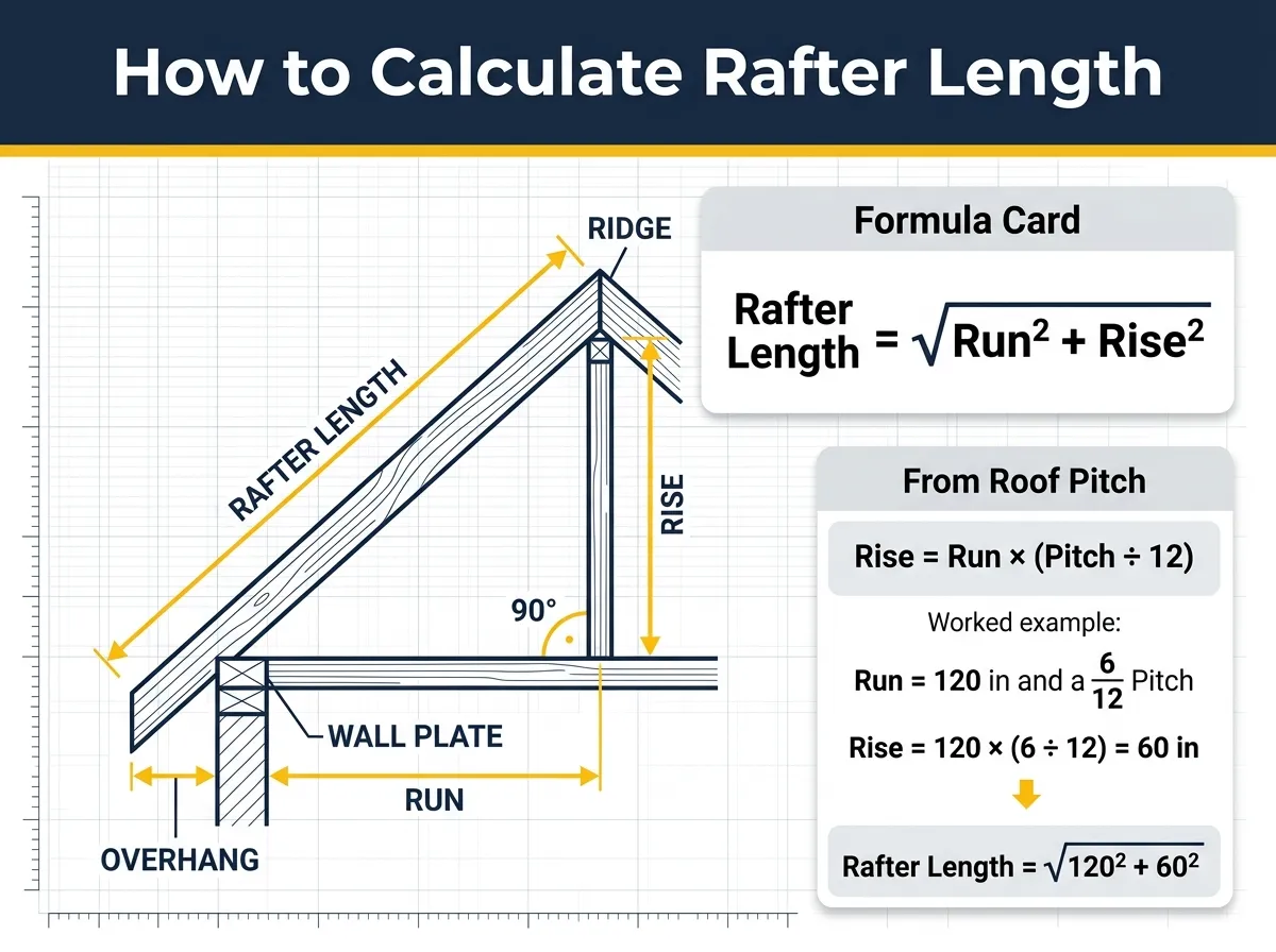Rafter length diagram showing rise, run, geometric rafter length, ridge, and overhang
