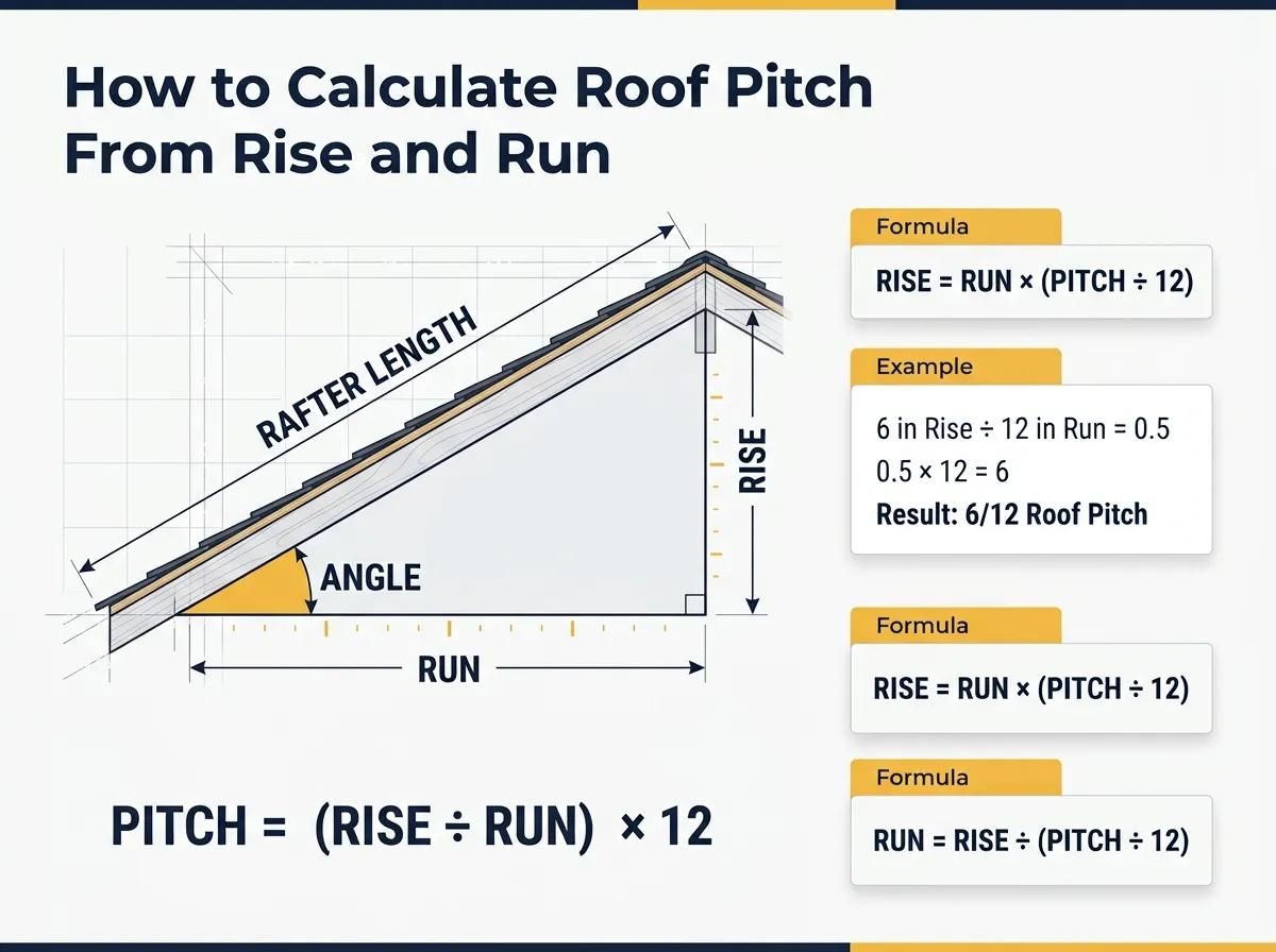 Roof pitch diagram showing rise, run, angle, and rafter length