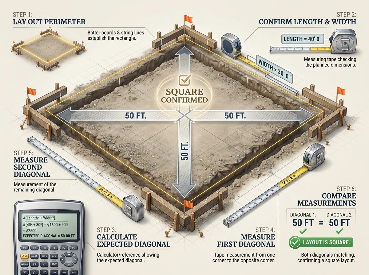 Squaring a rectangular foundation by comparing equal diagonal measurements