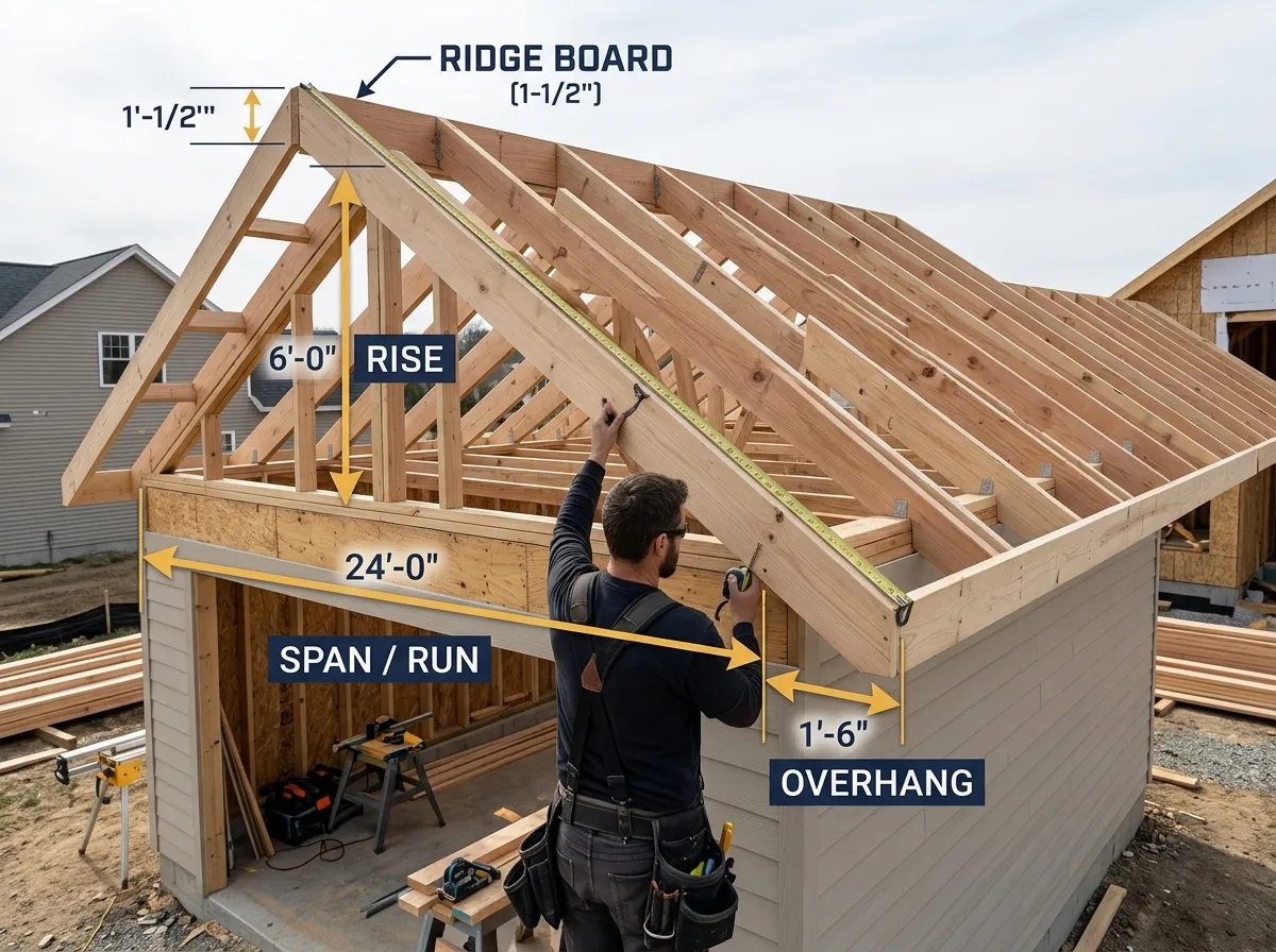 Roof measurement diagram showing building span, rafter run, rise, ridge thickness, and overhang