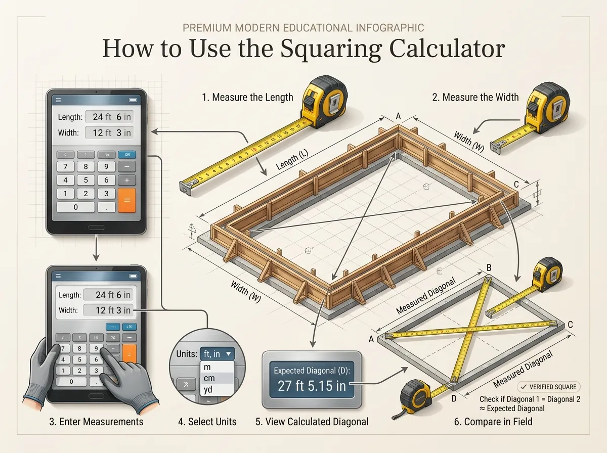 Step-by-step graphical representation of using the squaring calculator