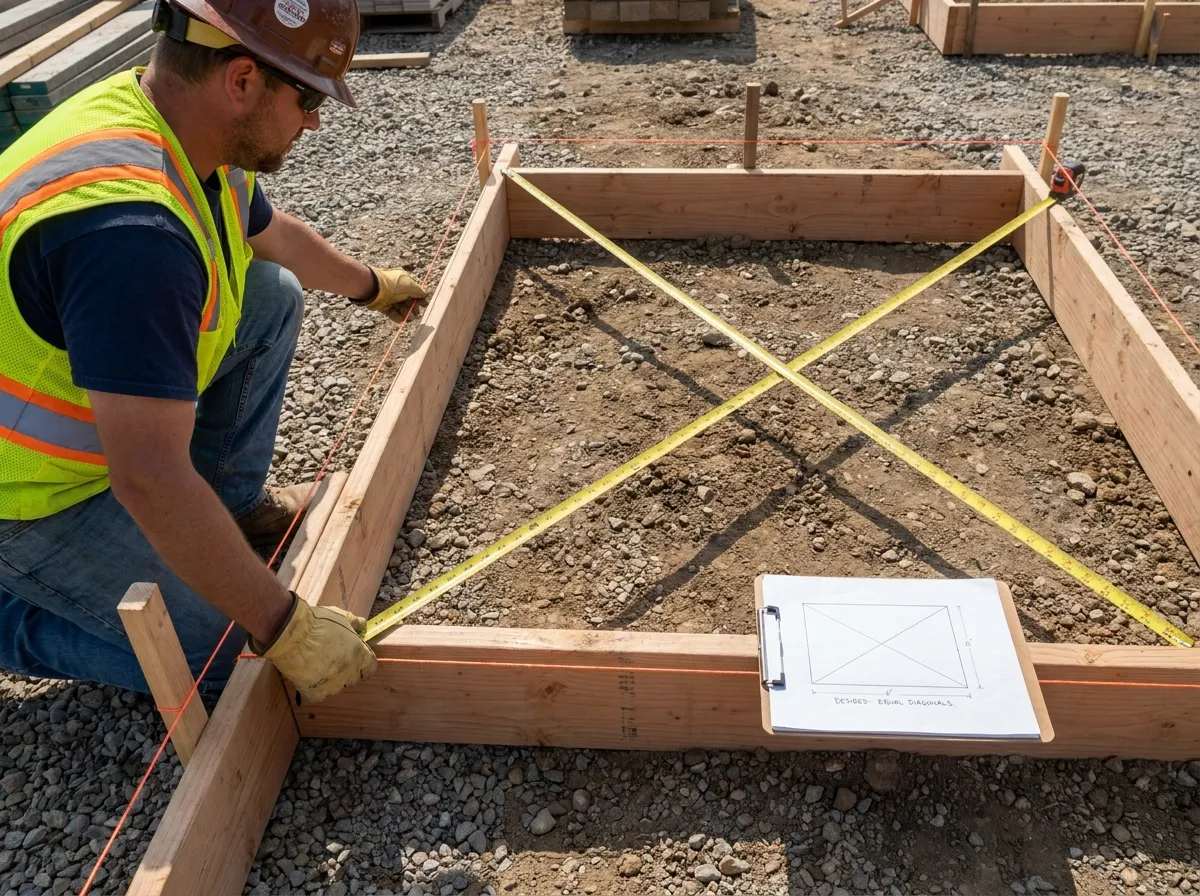 Construction layout being adjusted until both diagonal measurements match
