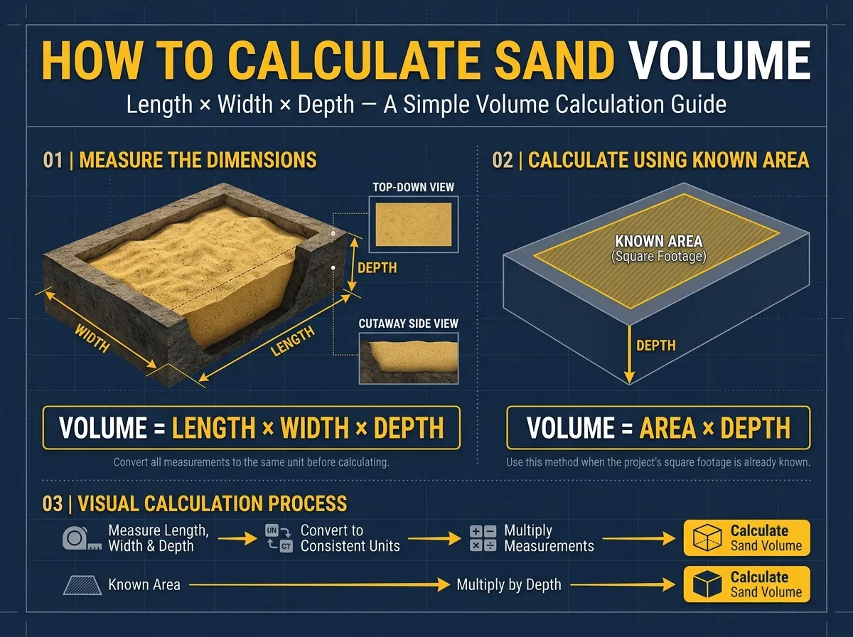 Diagram explaining how length, width, and depth determine sand volume
