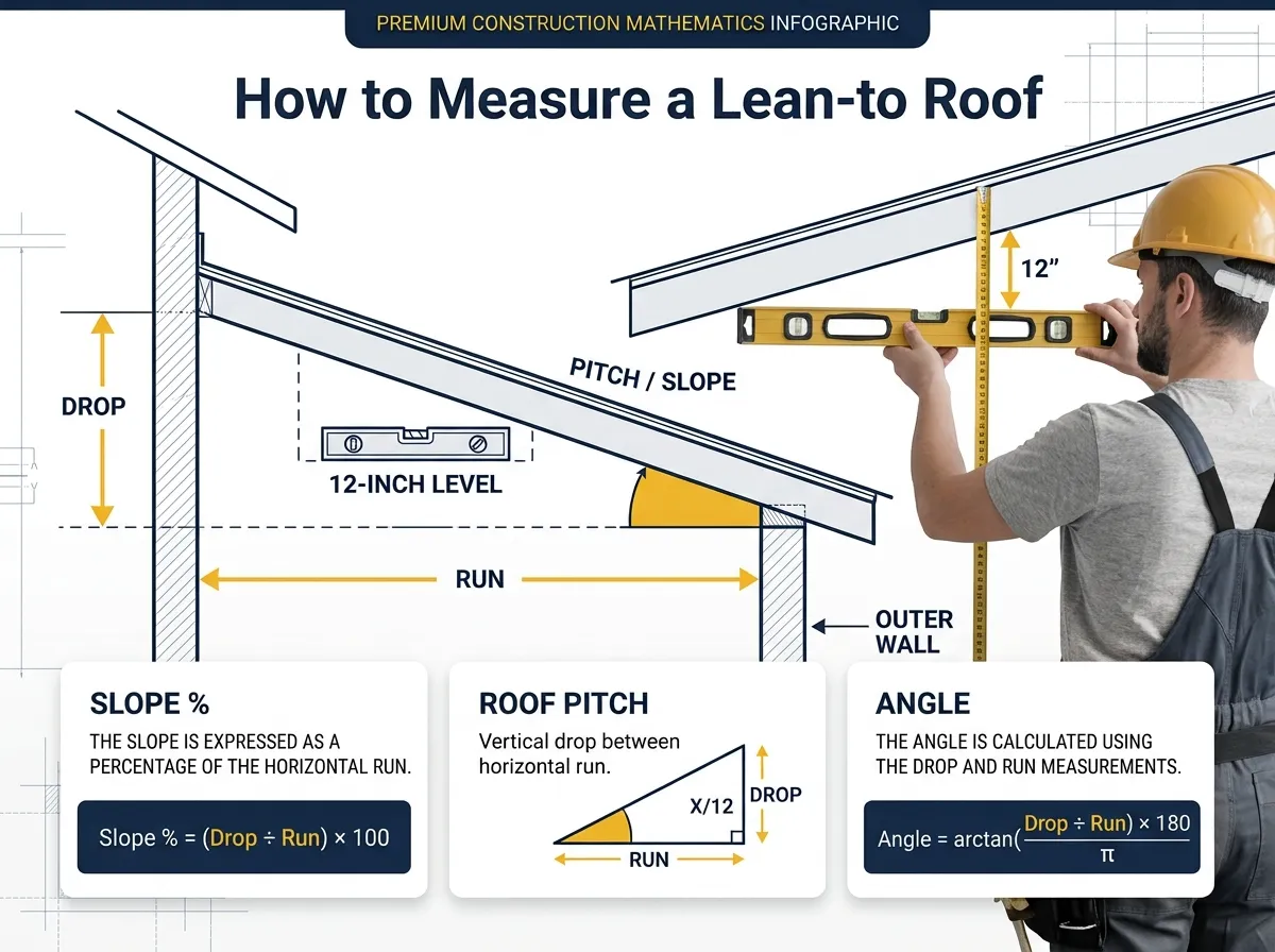 Diagram showing how to measure lean-to roof pitch using wall heights and horizontal run