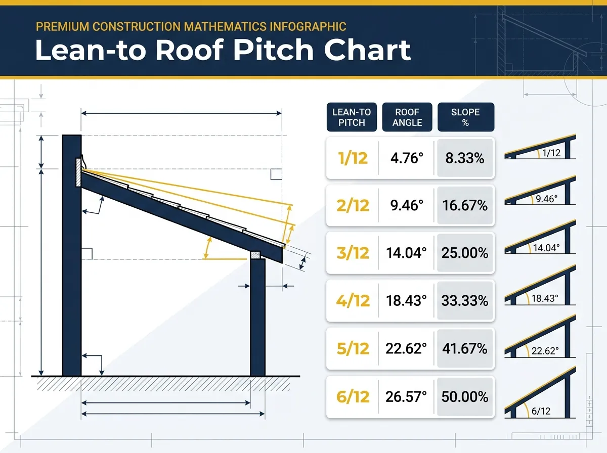 Lean-to roof pitch chart showing pitch ratio, roof angle, and slope percentage