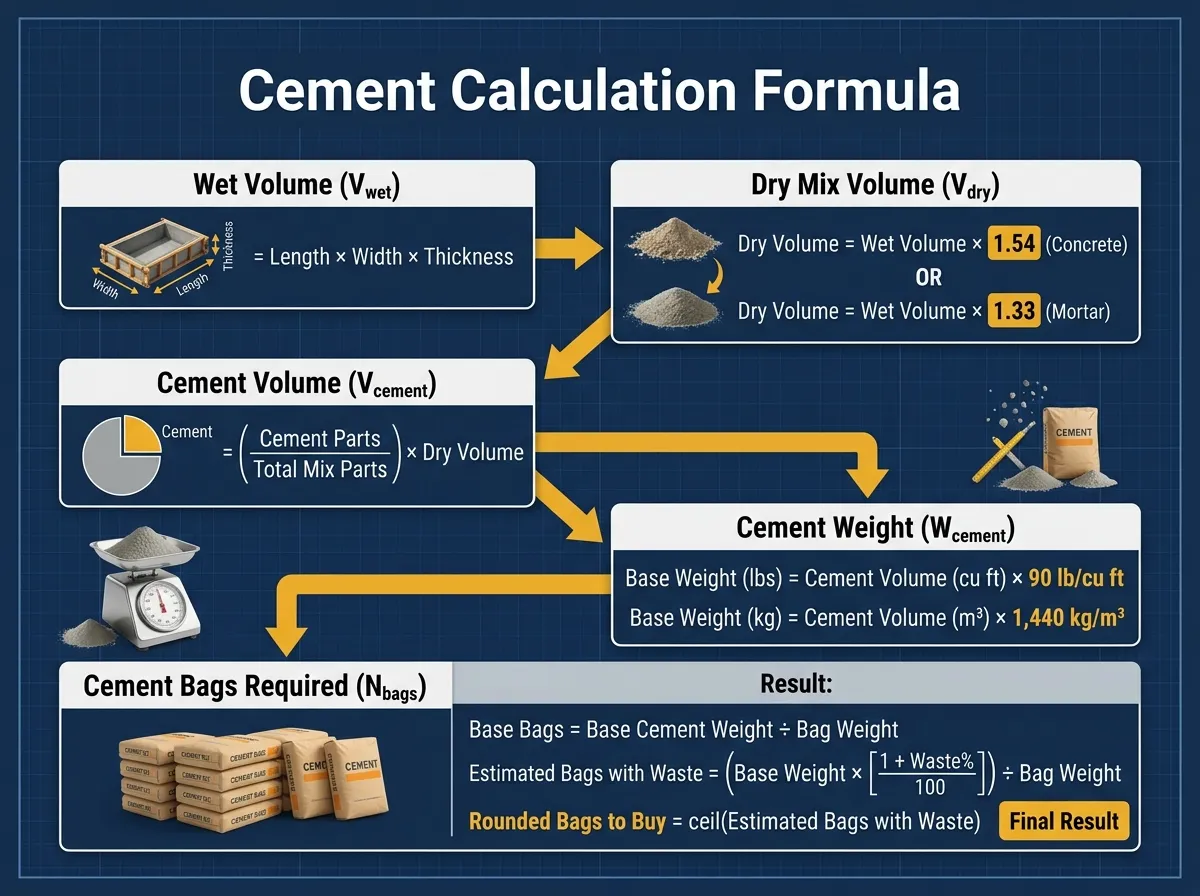 Cement Calculation Formula - mathematical dry volume and cement bag estimation equations