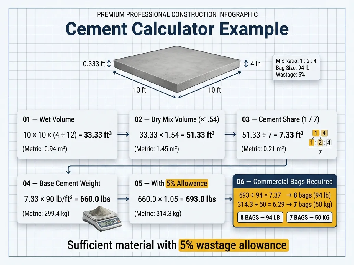 Cement Calculator Example - sample patio pad dimensions and required cement bags breakdown