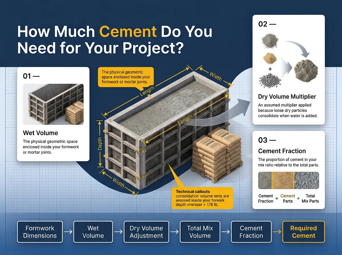 How Much Cement Do You Need for Your Project - project pour formwork and stacked cement bags